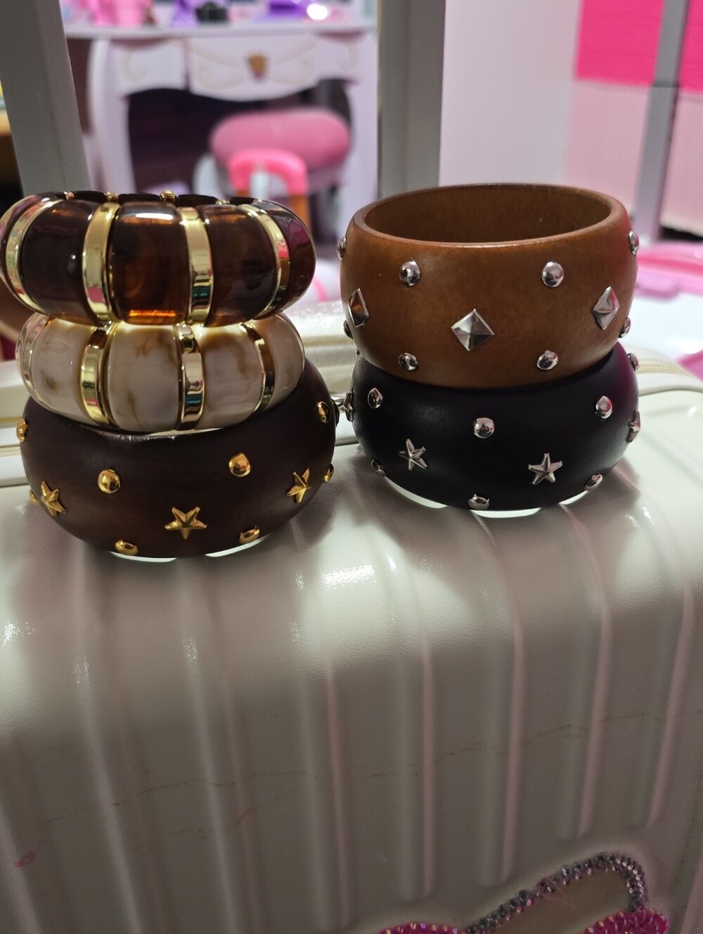 Studded and Resin Bangle Bracelet Set - Brown, Black, Tan